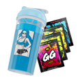 Blue shaker cup with anime girl in glasses and four colorful GG Energy powder packets in various flavors.
