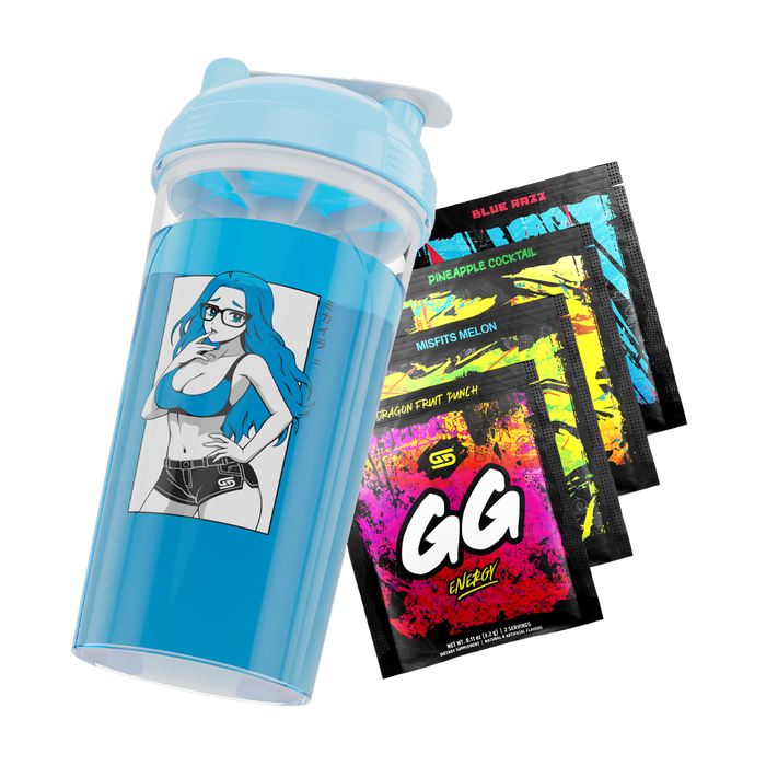 Blue shaker cup with anime girl in glasses and four colorful GG Energy powder packets in various flavors.