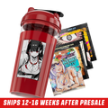 Clear shaker bottle with a red lid featuring an anime girl in fishnet stockings and black outfit on the side.