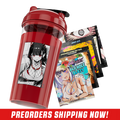 Clear shaker cup with red lid featuring anime girl in fishnet stockings and black outfit illustration
