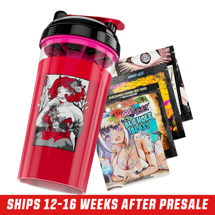 Clear shaker cup with black and pink lid featuring a black-and-white anime-style woman with horns and flames design