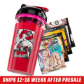 Clear shaker cup with black and pink lid featuring a black-and-white anime-style woman with horns and flames design