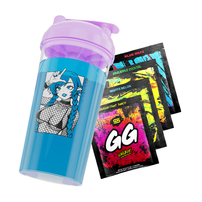 Blue shaker cup with purple lid featuring anime girl with blue hair and fishnet top, next to colorful energy packets.