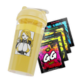 Yellow shaker cup featuring an anime woman with blonde hair and four colorful GG Energy drink mix packets.