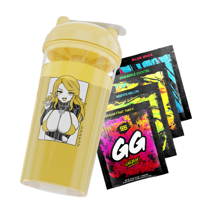 Yellow shaker cup featuring an anime woman with blonde hair and four colorful GG Energy drink mix packets.