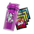 Purple shaker cup with anime woman pointing and four colorful GG Energy powder packets in assorted flavors.