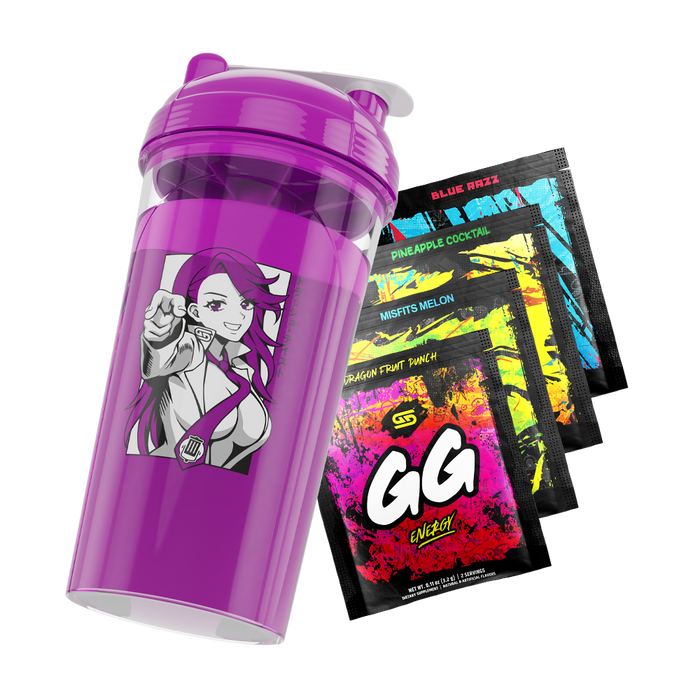 Purple shaker cup with anime woman pointing and four colorful GG Energy powder packets in assorted flavors.