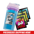 Clear shaker cup with a pink lid and a bold black stylized logo on the side