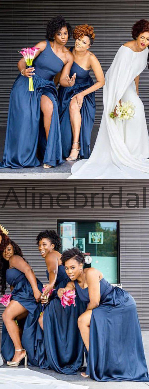 Dark Blue One Shoulder Silt Simple Bridesmaid Dresses, AB4039