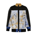 Black, blue, and gold bomber jacket with sun and moon phases design across the back and "Waifu Cups" text at the collar.