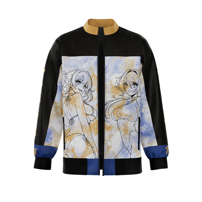Black, blue, and gold bomber jacket with sun and moon phases design across the back and "Waifu Cups" text at the collar.