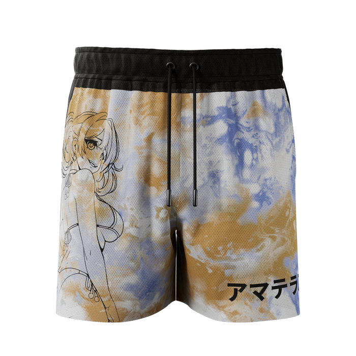 3XL mesh shorts with blue and tan tie-dye, black panel with sun and moon phases, and anime-style character outline.