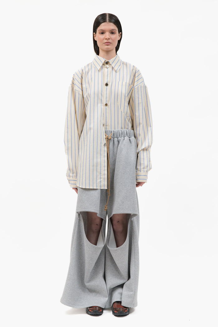 MANCANDY Deconstructed Sweatpants in grey heavyweight fleece featuring oversized wide legs, front cut-outs and extended length.