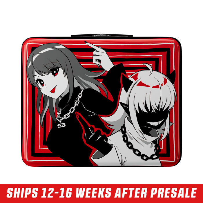 Square red lunch box featuring two anime characters with chains and bold black and white graphic accents.