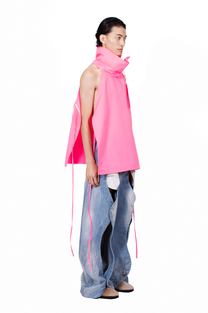 MANCANDY Apron Top in pink cotton featuring a dramatic drawstring collar and adjustable side-tie construction.