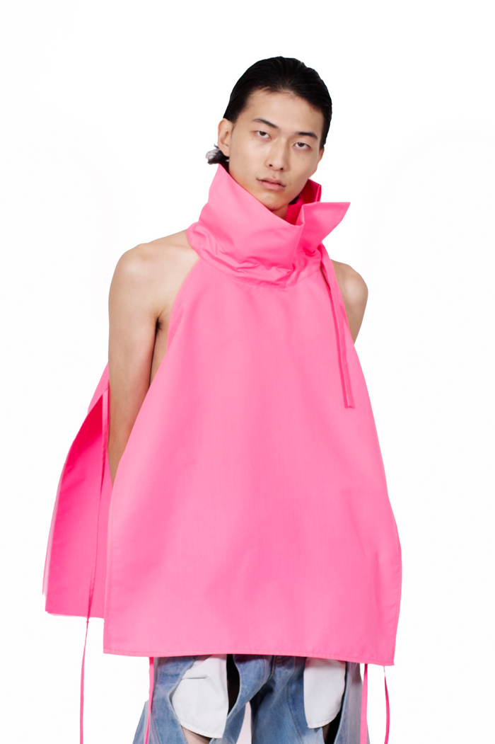 MANCANDY Apron Top in pink cotton featuring a dramatic drawstring collar and adjustable side-tie construction.
