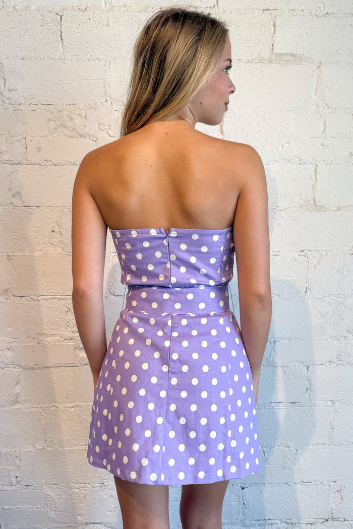 lavender polka dot dress, lavender strapless dress, polka dot dress, strapless polka dot dress, purple dress, purple polka dot dress, belted strapless dress, amanda uprichard dress
