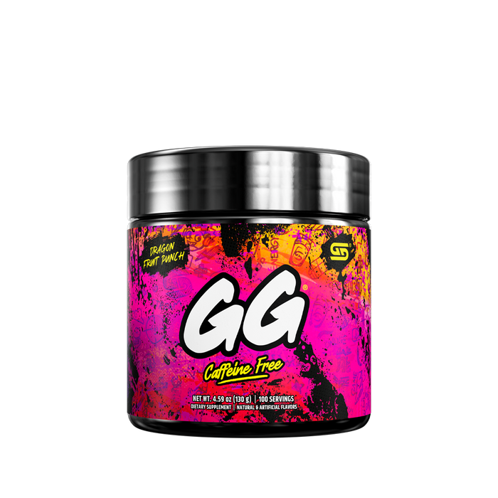 Black container with colorful yellow, pink, and orange graffiti-style design and detailed supplement facts label on back