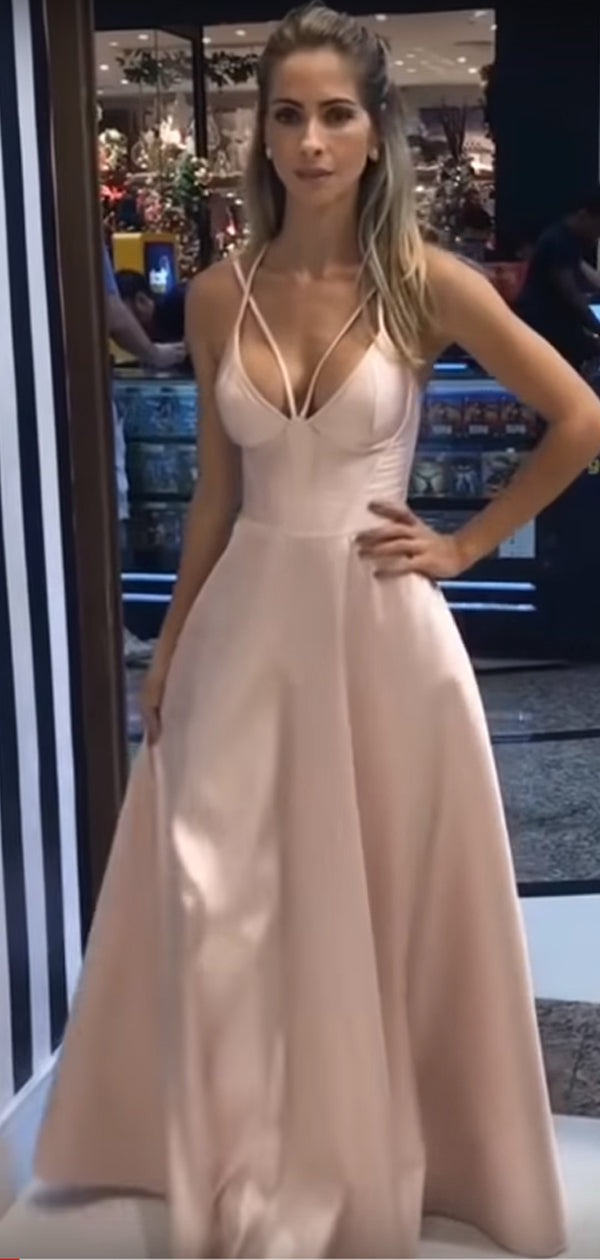 Dusty Pink Satin Spaghetti Strap A-line Simple Prom Dresses,PD00288