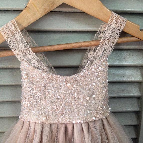 Dusty Pink Sequins A-line Tulle Flower Girl Dresses, Lovely Little girl Dresses, FG066
