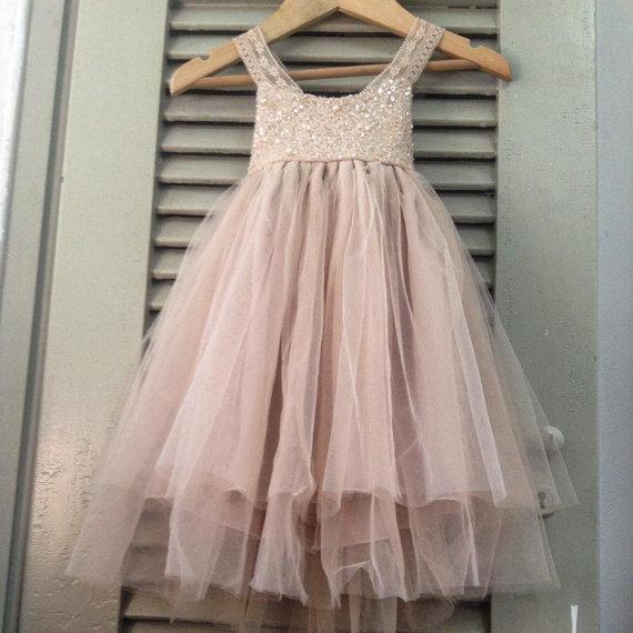 Dusty Pink Sequins A-line Tulle Flower Girl Dresses, Lovely Little girl Dresses, FG066