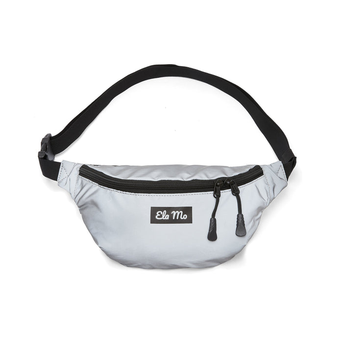 Ela Mo™ Hipbag  | Reflective. Grauer Hipbag mit zweifachem Reißverschluss und Umhängegurt.