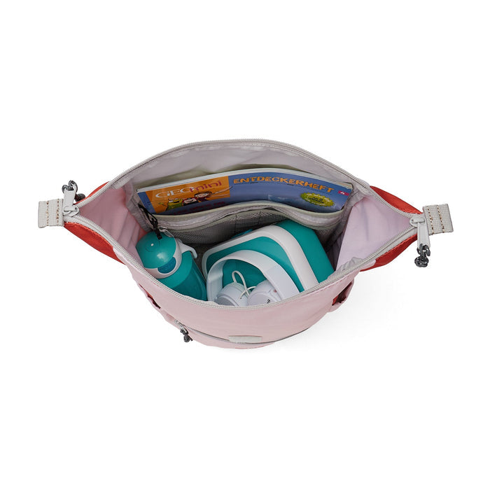 Ela Mo™ Kinderrucksack (6-10 Jahre) | Cotton Candy. Im Rucksack sind Bücher, Lunchbox, eine Flasche und Kopfhörer zu sehen.