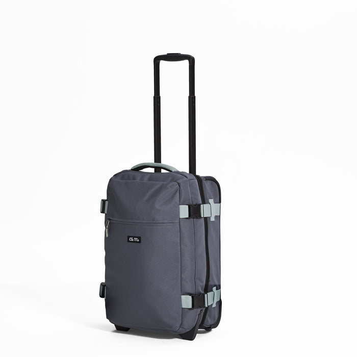 Ela Mo™ Reisetasche mit Rollen 42 Liter | Darkgrey Mint. Reisetasche mit Reißverschluss-Außenfach auf weißem Hintergrund.