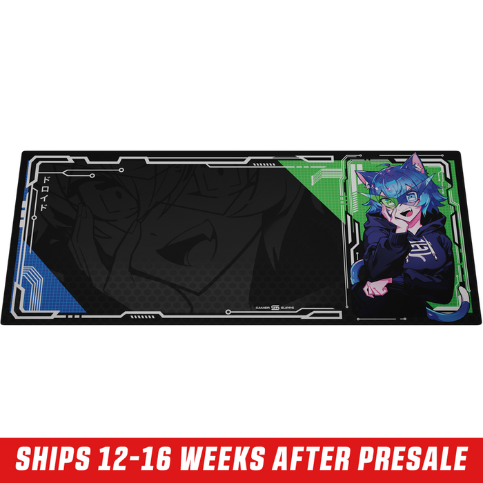Rectangular mouse pad with anime character in blue hair and cat ears wearing glasses on black background.