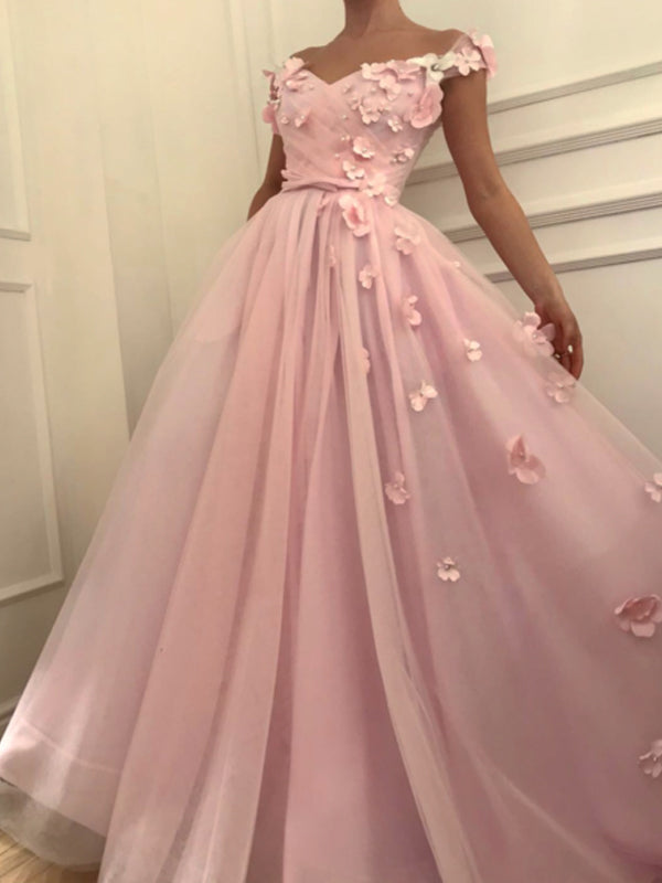 Elegant 3-D Floral Appliques Pink A-line Tulle Prom Dress, Evening Dress, PD00100