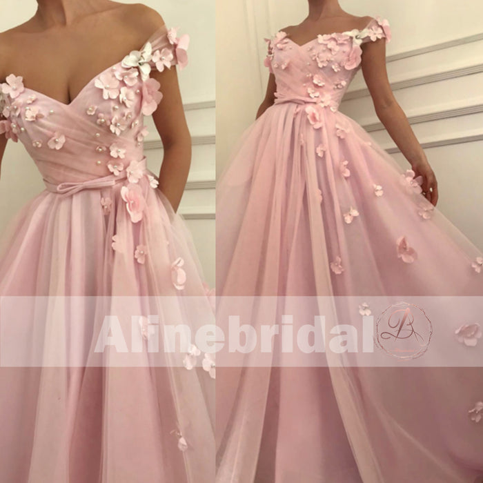 Elegant 3-D Floral Appliques Pink A-line Tulle Prom Dress, Evening Dress, PD00100