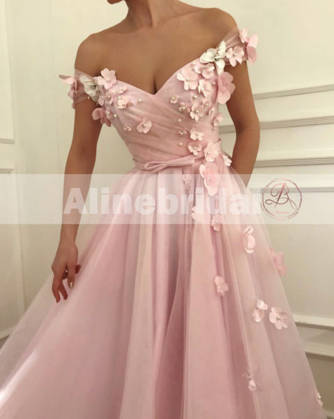 Elegant 3-D Floral Appliques Pink A-line Tulle Prom Dress, Evening Dress, PD00100