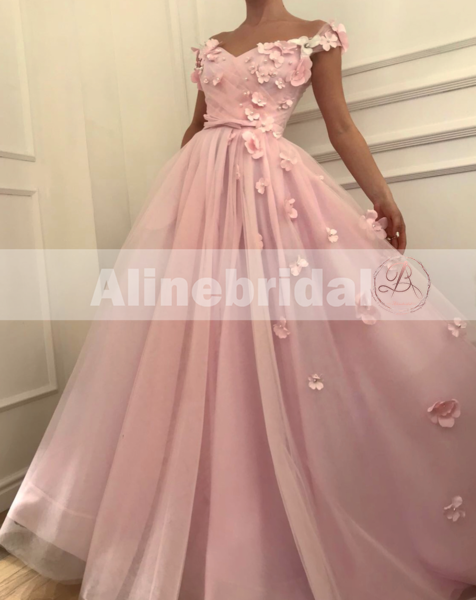 Elegant 3-D Floral Appliques Pink A-line Tulle Prom Dress, Evening Dress, PD00100