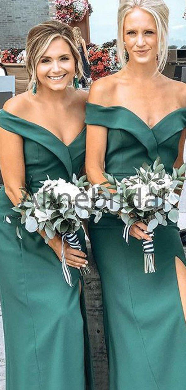 Elegant Emerald Off Shoulder Side Slit Bridesmaid Dresses, AB4059