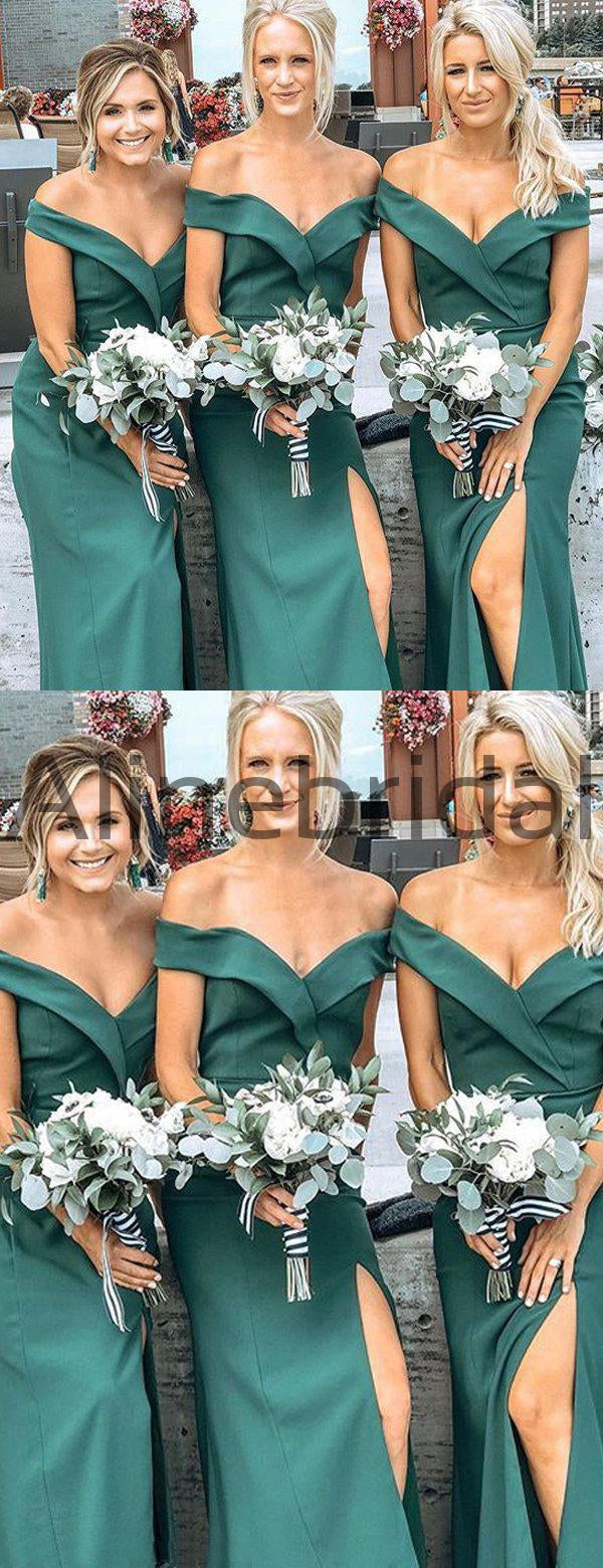 Elegant Emerald Off Shoulder Side Slit Bridesmaid Dresses, AB4059