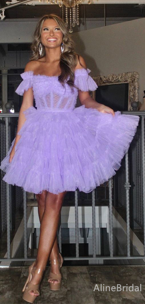 Elegant Purple Strapless OffShoulder A-line Short Tulle Homecoming Dress, HD3201