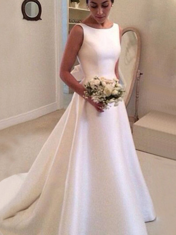 Elegant Satin Bateau A-Line Wedding Dress with Back Bow, WD0113