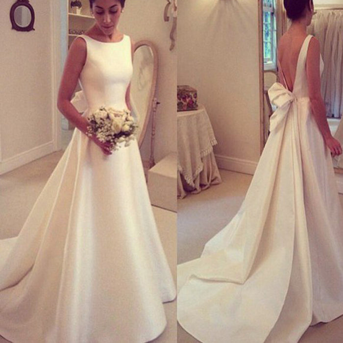 Elegant Satin Bateau A-Line Wedding Dress with Back Bow, WD0113