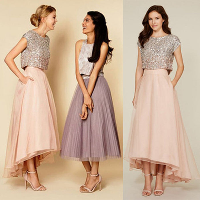 Elegant Sequins Sleeve Two Poeces Long Bridesmaid Dress, Cheap Evening Dress, WG38
