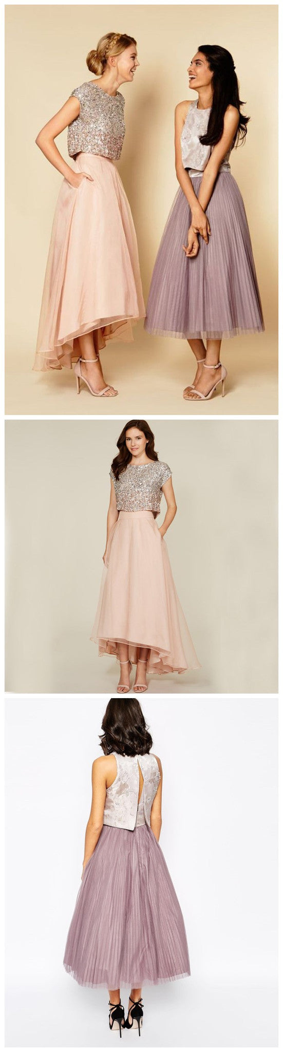 Elegant Sequins Sleeve Two Poeces Long Bridesmaid Dress, Cheap Evening Dress, WG38