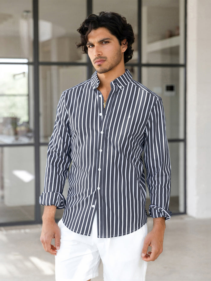 Elias Long Sleeve Stripe Shirt - Navy