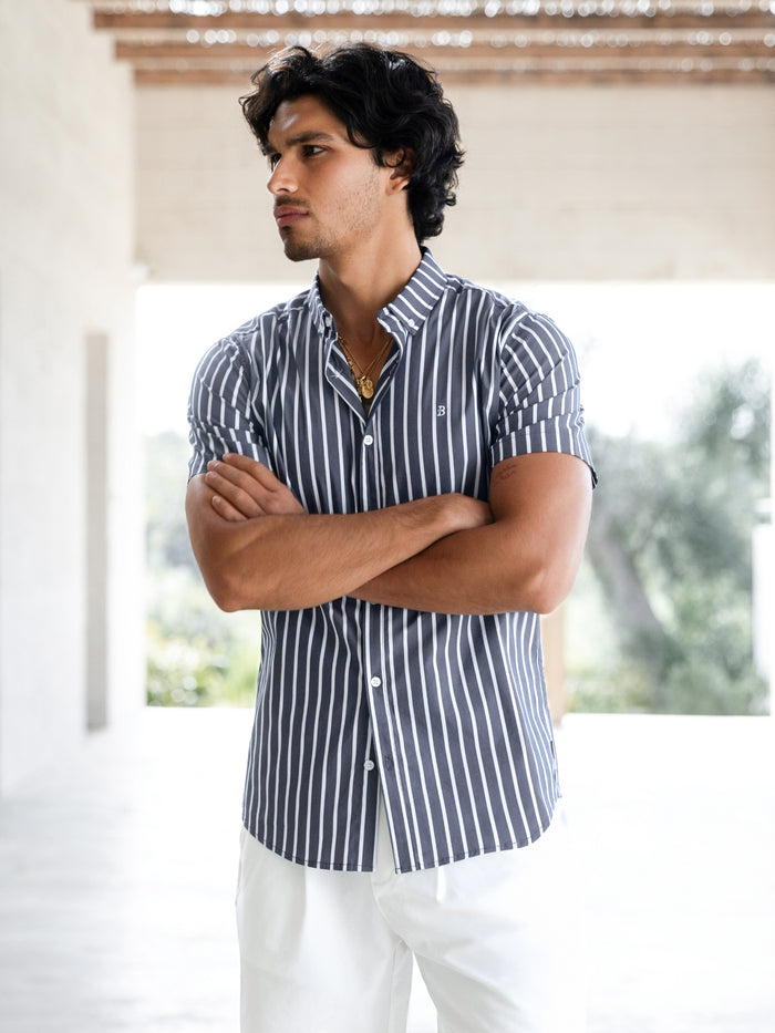 Elias Short Sleeve Stripe Shirt - Navy