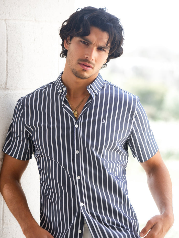 Elias Short Sleeve Stripe Shirt - Navy