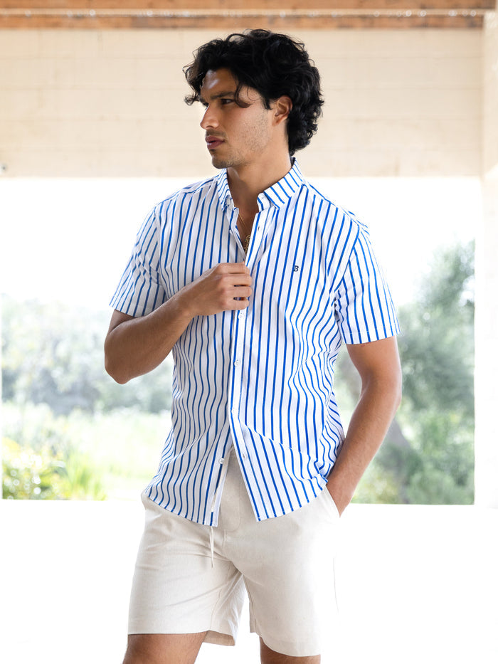 Elias Short Sleeve Stripe Shirt - White & Blue