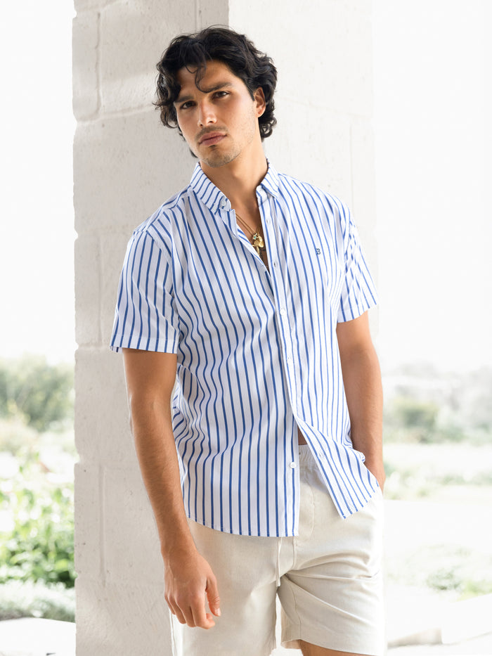 Elias Short Sleeve Stripe Shirt - White & Blue