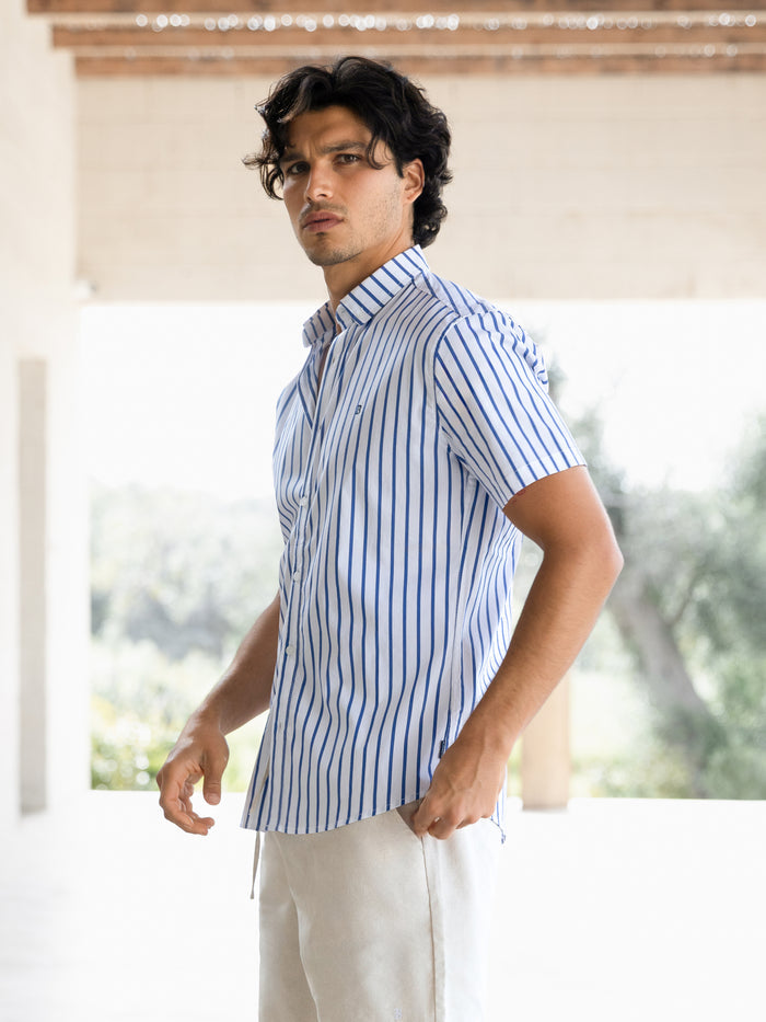 Elias Short Sleeve Stripe Shirt - White & Blue