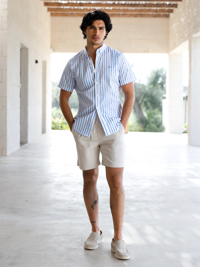 Elias Short Sleeve Stripe Shirt - White & Light Blue