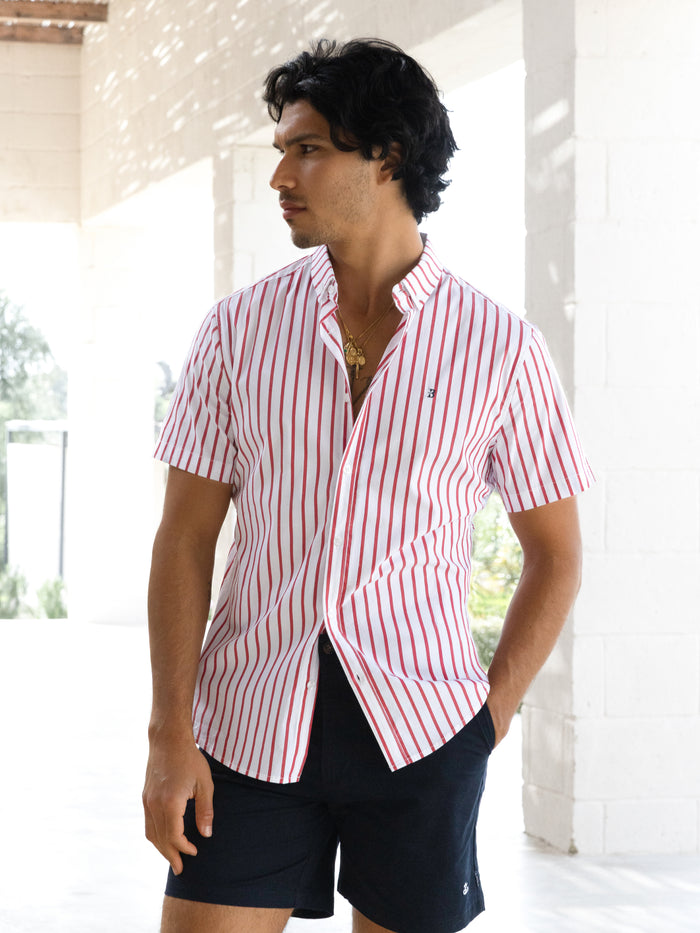 Elias Short Sleeve Stripe Shirt - White & Red