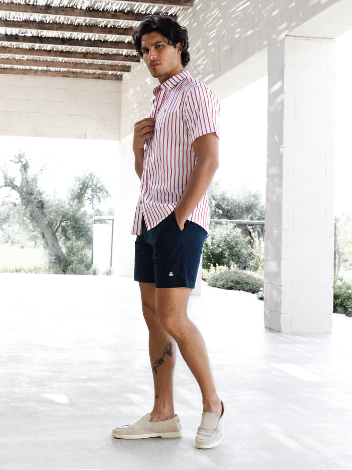 Elias Short Sleeve Stripe Shirt - White & Red