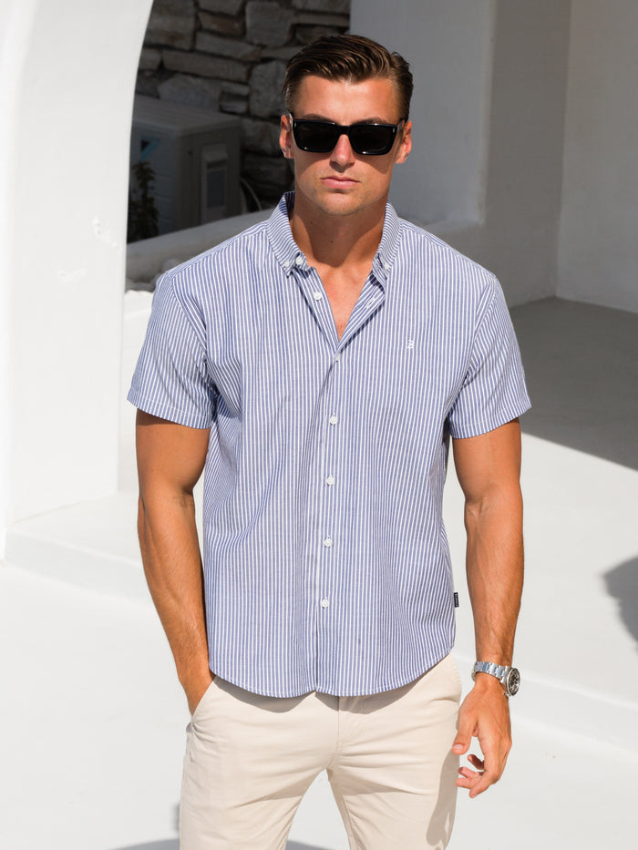 Ezra Short Sleeve Boxy Stripe Shirt - Navy